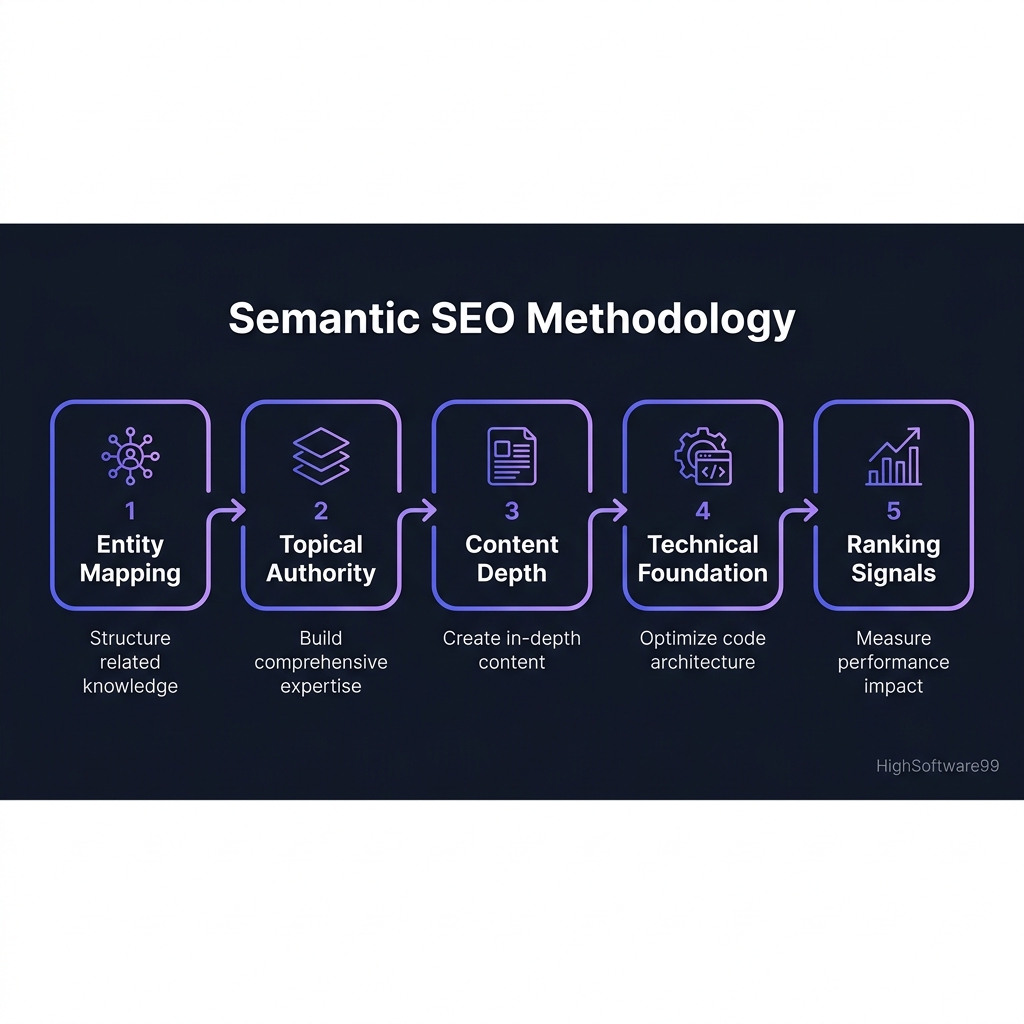 HighSoftware99 Semantic SEO Methodology — 5-step process flow: Step 1 Entity Mapping (structure related knowledge), Step 2 Topical Authority (build comprehensive expertise), Step 3 Content Depth (create in-depth content), Step 4 Technical Foundation (optimize code architecture), Step 5 Ranking Signals (measure performance impact)