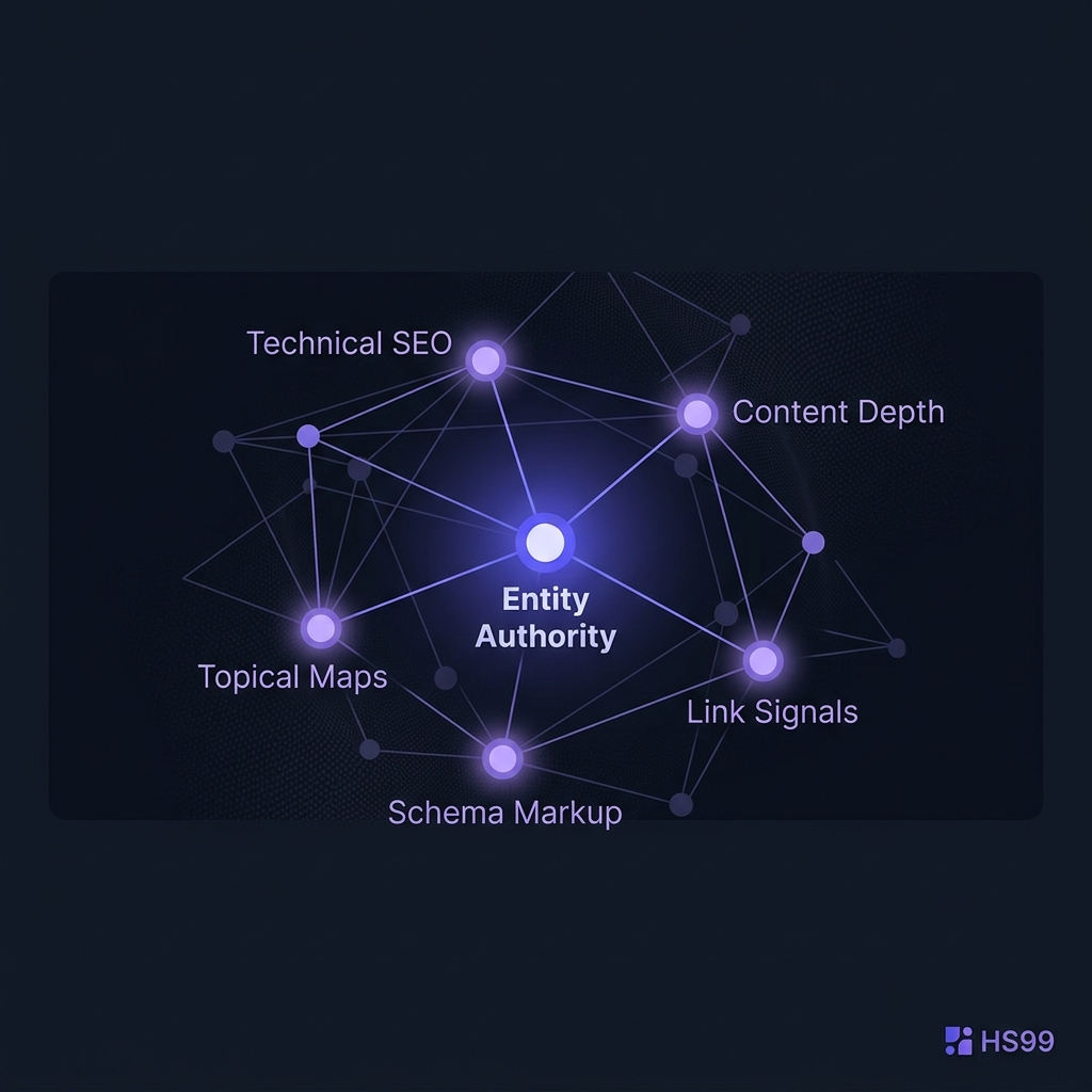 SEO by HighSoftware99 Semantic SEO Framework — Entity Authority Network showing Technical SEO, Content Depth, Topical Maps, Schema Markup, and Link Signals interconnected around a central Entity Authority node